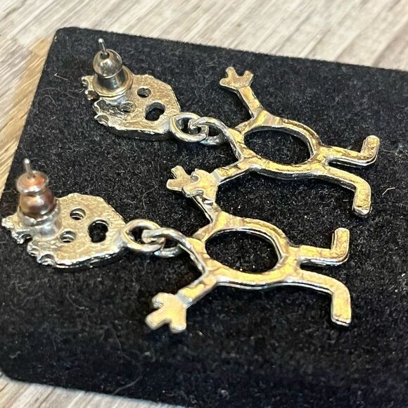 Vintage Silver Metal Happy People Dangle Stud Earrings - Picture 4 of 5